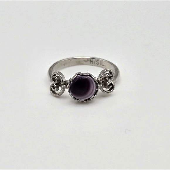 Amethyst Ring Silvertone Scrollwork Purple Stone Adjustable Boho Dainty Classic - Picture 2 of 11